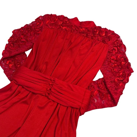 Vintage Claralura Red‎ Jumpsuit L/S Rhinestone Button Lace Sleeve USA 80s Glam - Picture 5 of 12